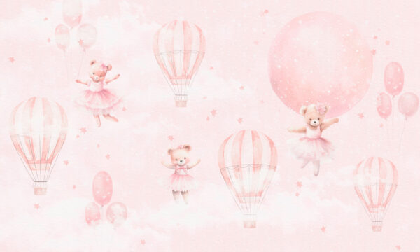 A pink background with teddy bears and hot air balloons