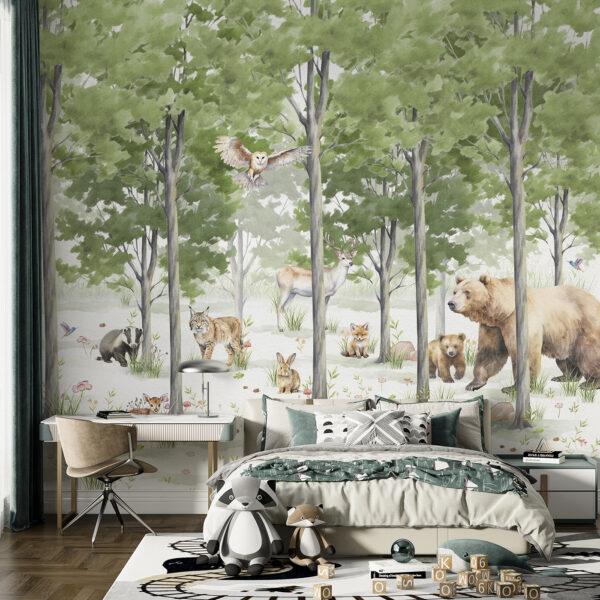 A group of animals in a forest A group of animals in a forest