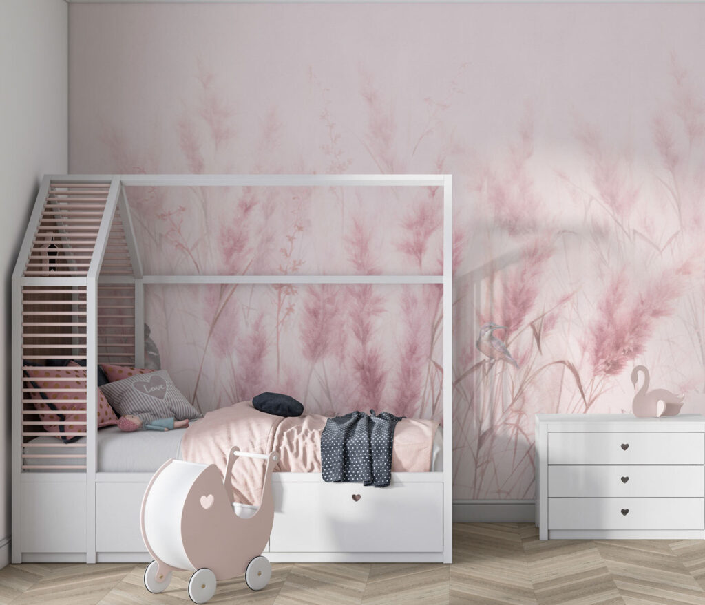 A group of birds in a field of pink grass A group of birds in a field of pink grass