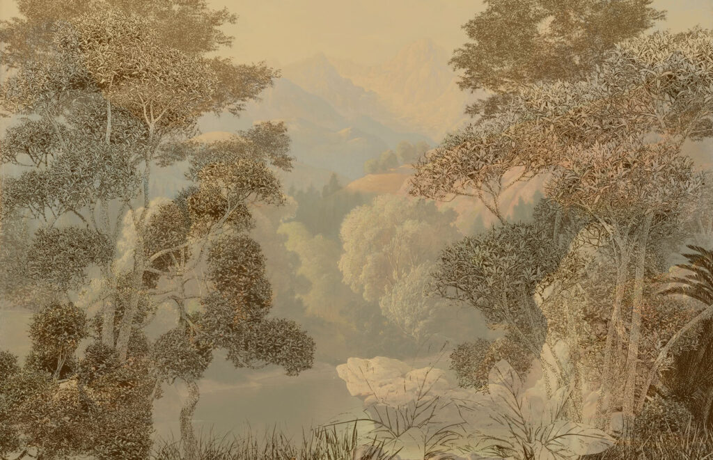 A painting of a river and trees A painting of a river and trees