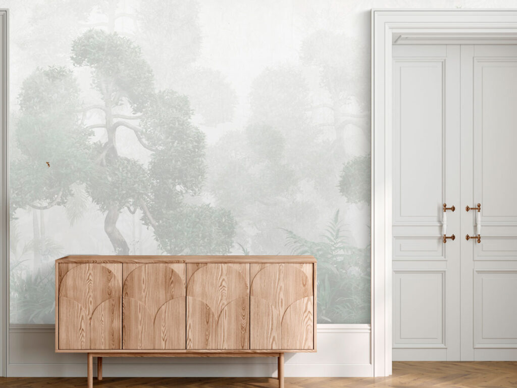 A foggy forest with trees and ferns A foggy forest with trees and ferns