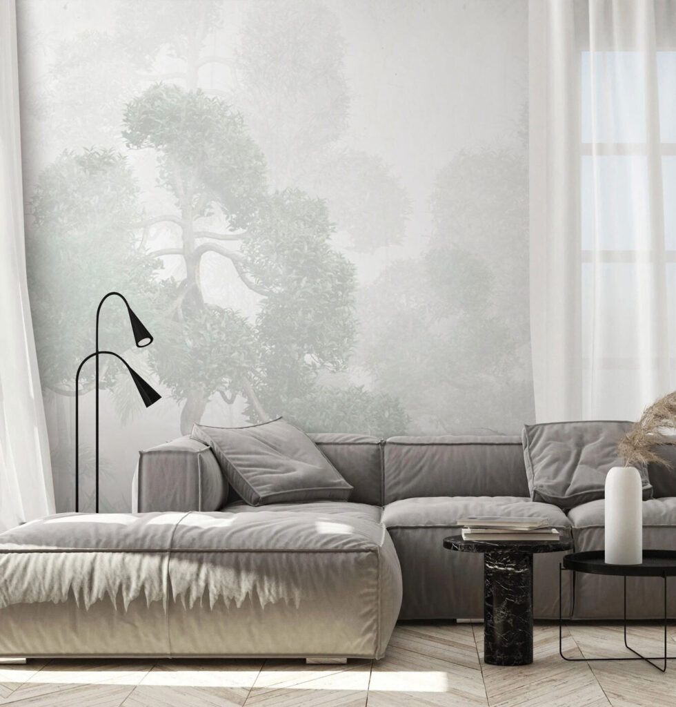 A foggy forest with trees and ferns A foggy forest with trees and ferns