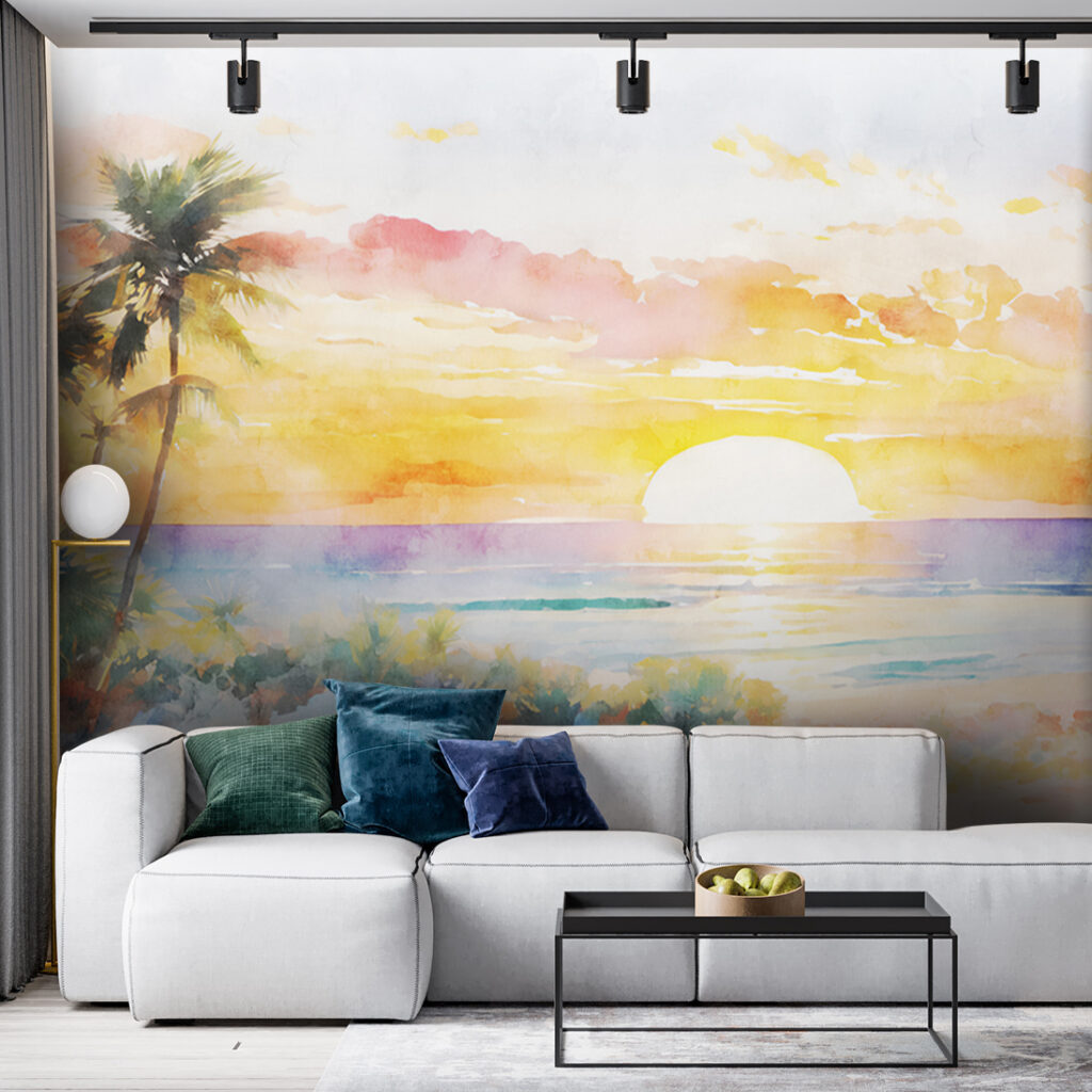 Watercolor painting of a beach with palm trees and a sunset