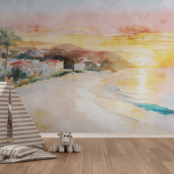 Watercolor of a beach with houses and a body of water Watercolor of a beach with houses and a body of water