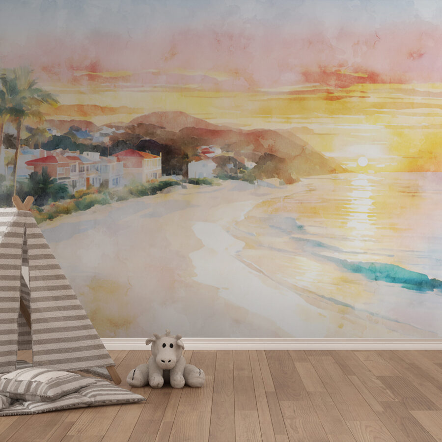 Wall murals Watercolor of a beach with houses and a body of water - Image 3