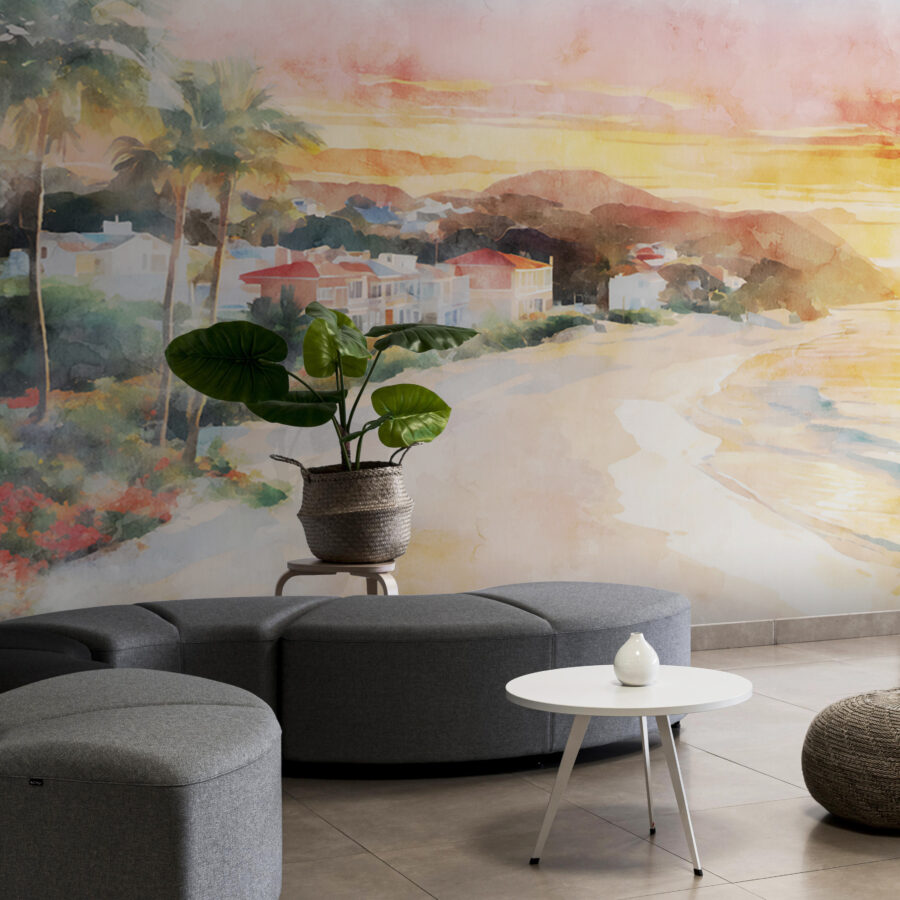 Wall murals Watercolor of a beach with houses and a body of water