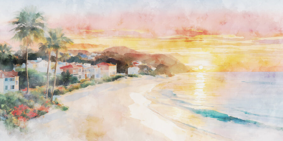 Wall murals Watercolor of a beach with houses and a body of water - Image 4