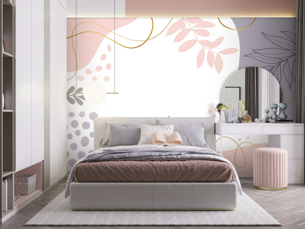 White background with pink and blue and purple shapes and leaves