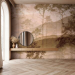 Wall murals Foggy landscape with trees and hills