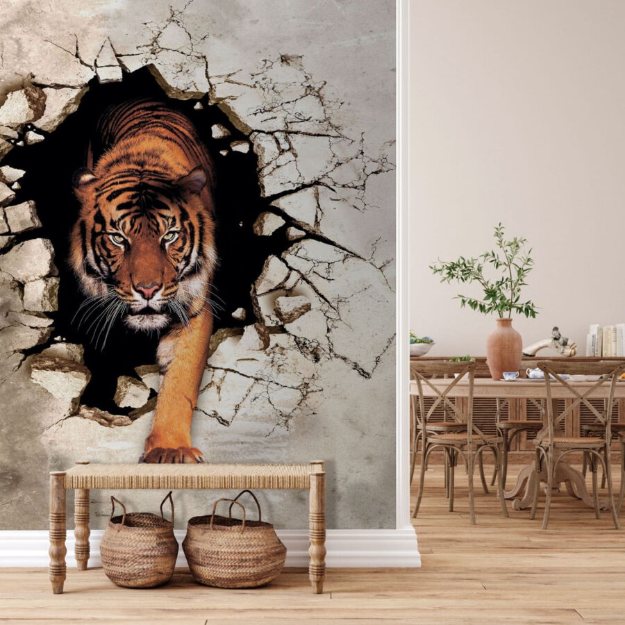 Tiger coming out of a hole in a wall