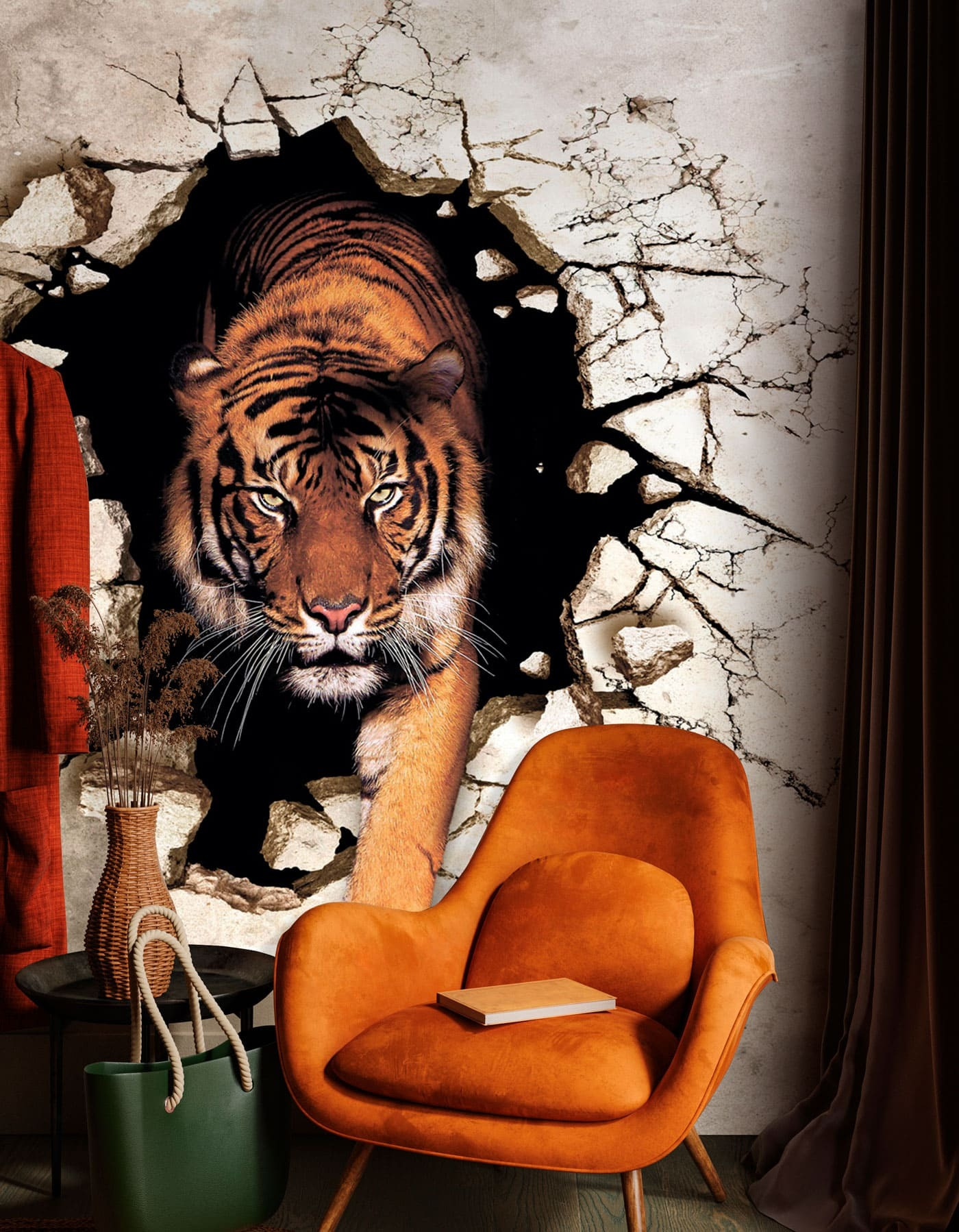 Tiger coming out of a hole in a wall