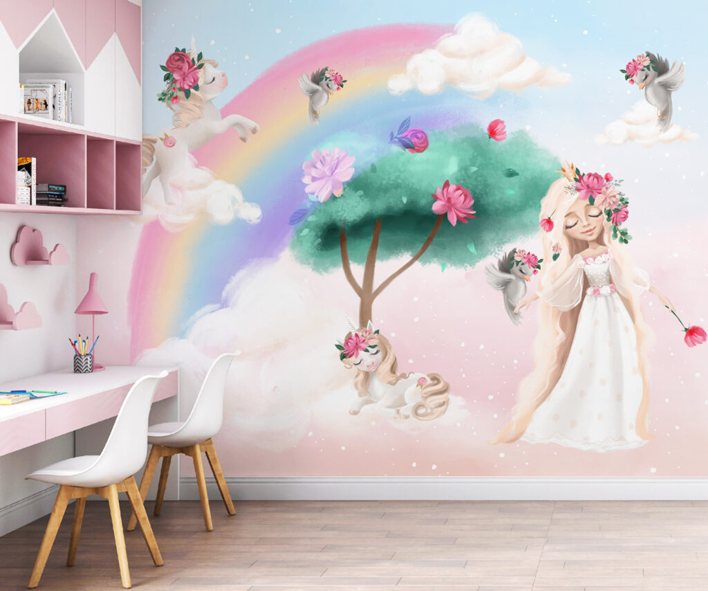 Cartoon of a girl with flowers on her hair and a rainbow Cartoon of a girl with flowers on her hair and a rainbow