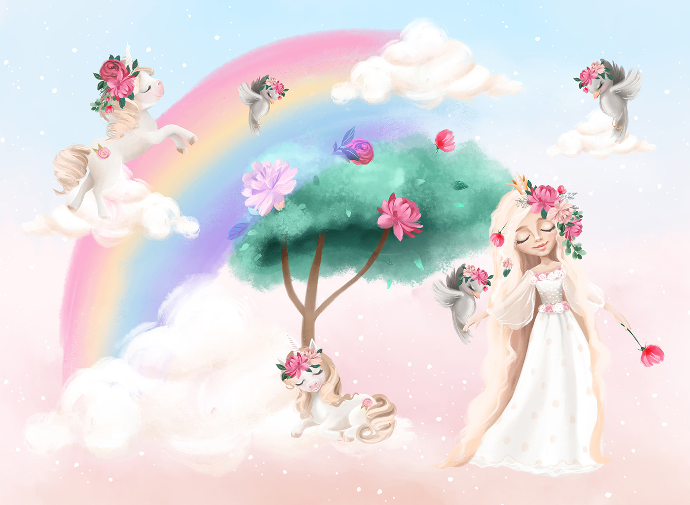 Cartoon of a girl with flowers on her hair and a rainbow Cartoon of a girl with flowers on her hair and a rainbow