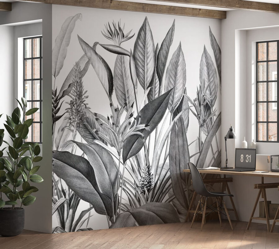 Tropical foliage in monochrome shades.