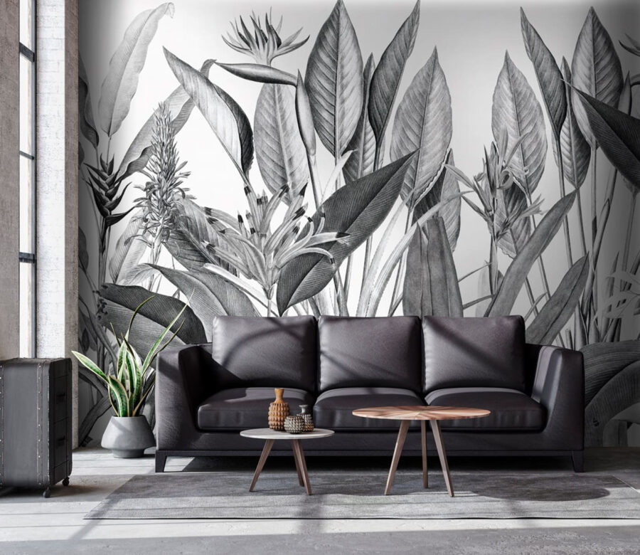 Tropical foliage in monochrome shades.