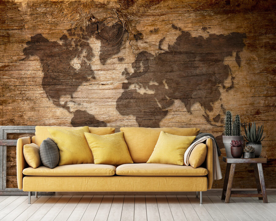 Wall murals Map of the world on a wood surface