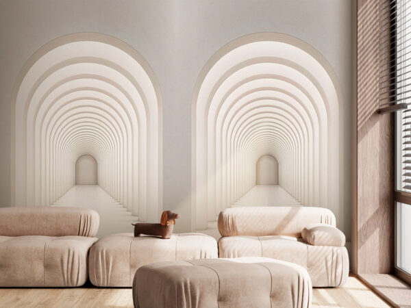 White hallway with arched windows