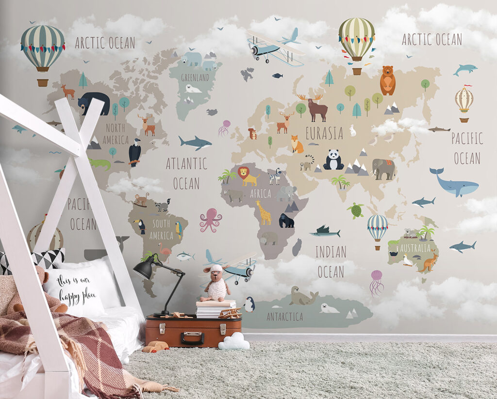 Map of the world with animals and birds