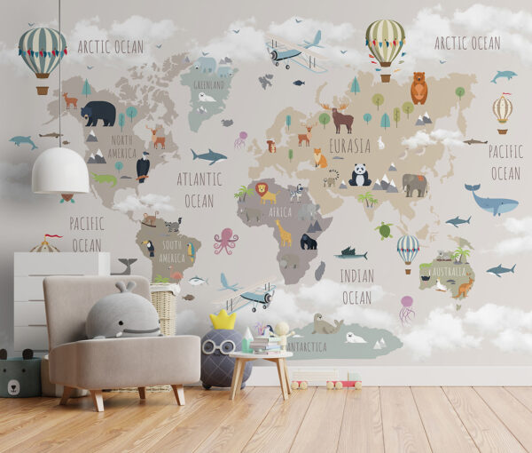 Map of the world with animals and birds