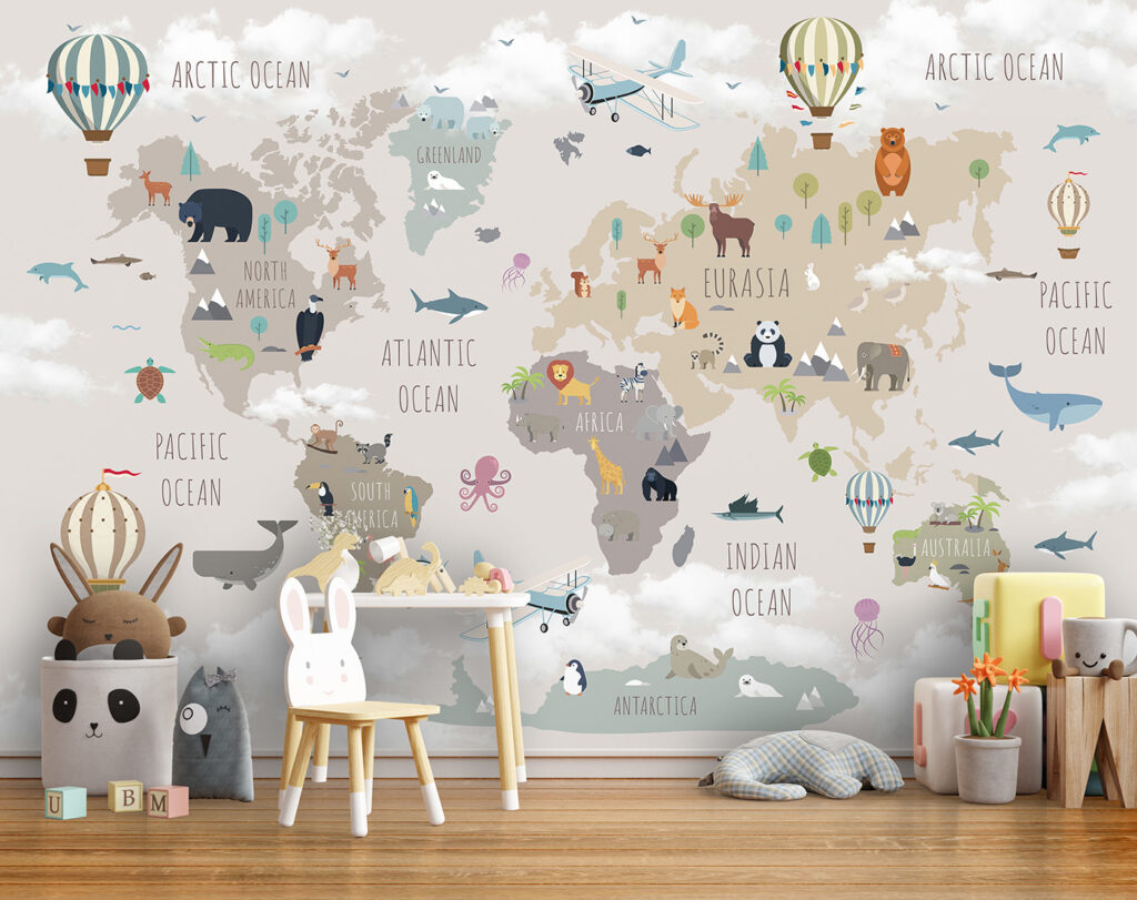 Map of the world with animals and birds