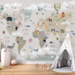 Wall murals Map of the world with animals and birds
