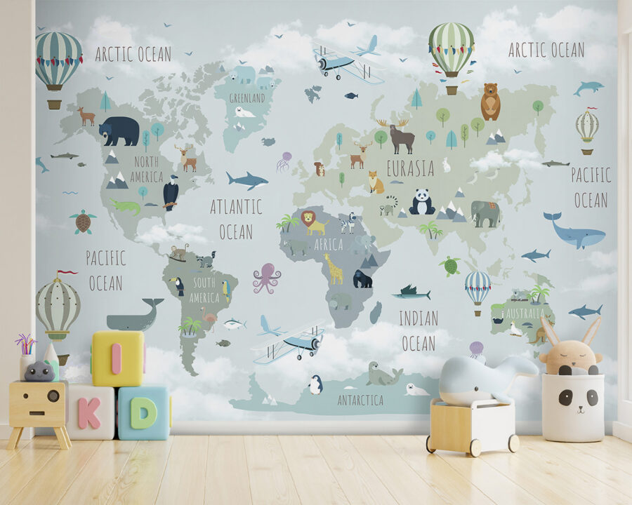 Wall murals Map of the world with animals and birds