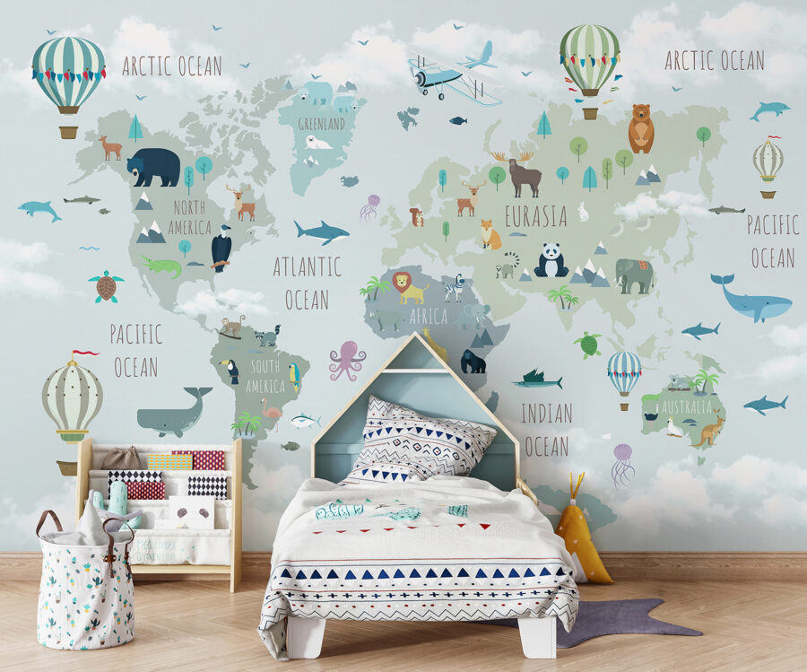 Wall murals Map of the world with animals and birds - Image 4