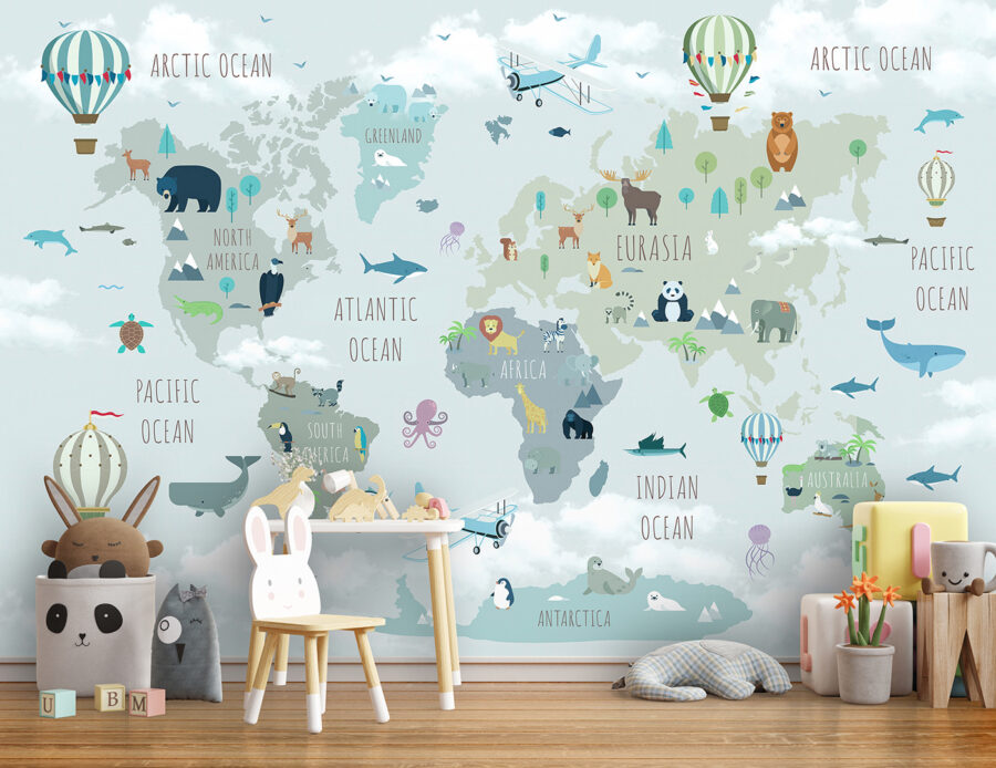 Wall murals Map of the world with animals and birds - Image 2