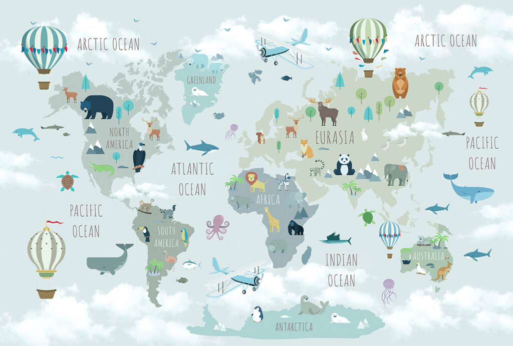 Map of the world with animals and birds Map of the world with animals and birds