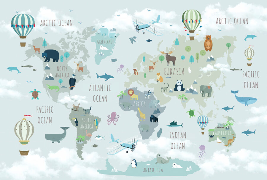 Wall murals Map of the world with animals and birds - Image 7