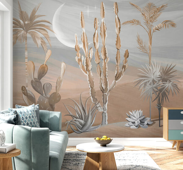 Desert landscape with cactus and palm trees Desert landscape with cactus and palm trees
