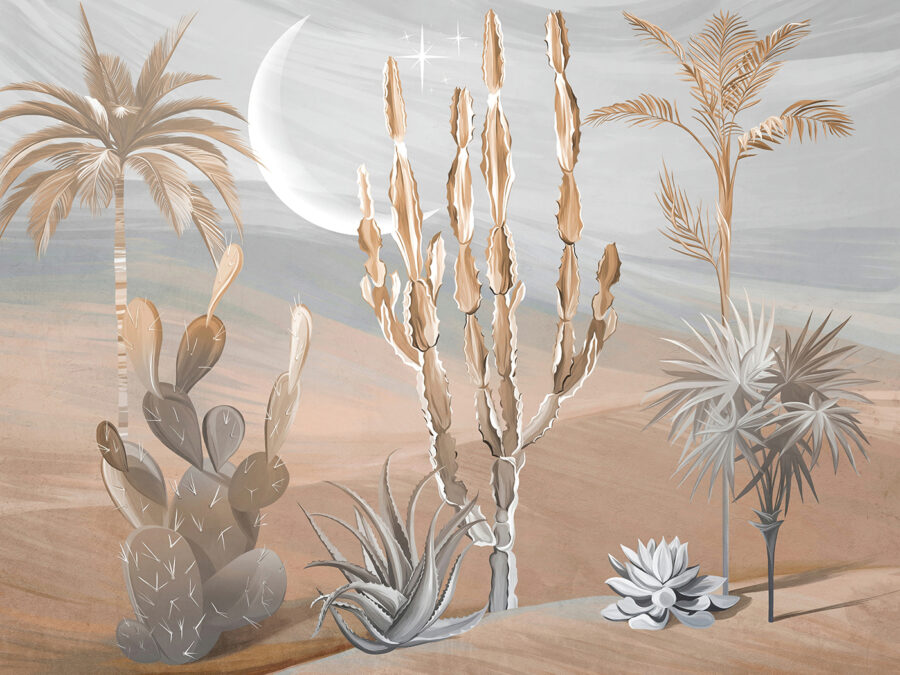 Desert landscape with cactus and palm trees