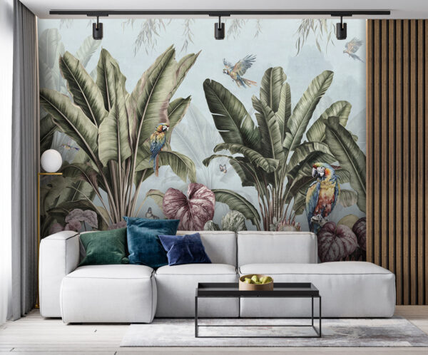 Wallpaper with tropical plants and birds Wallpaper with tropical plants and birds