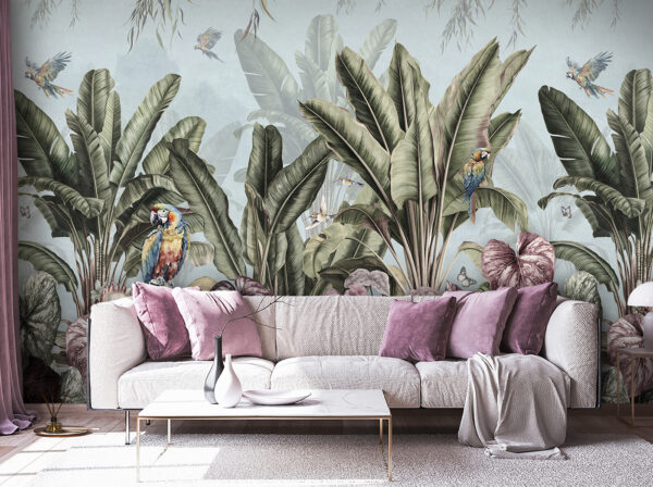Wallpaper with tropical plants and birds Wallpaper with tropical plants and birds