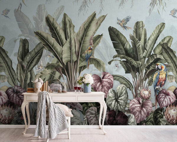 Wallpaper with tropical plants and birds Wallpaper with tropical plants and birds
