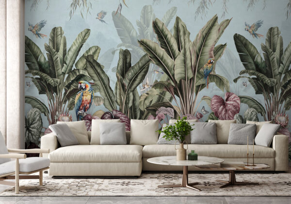 Wallpaper with tropical plants and birds Wallpaper with tropical plants and birds