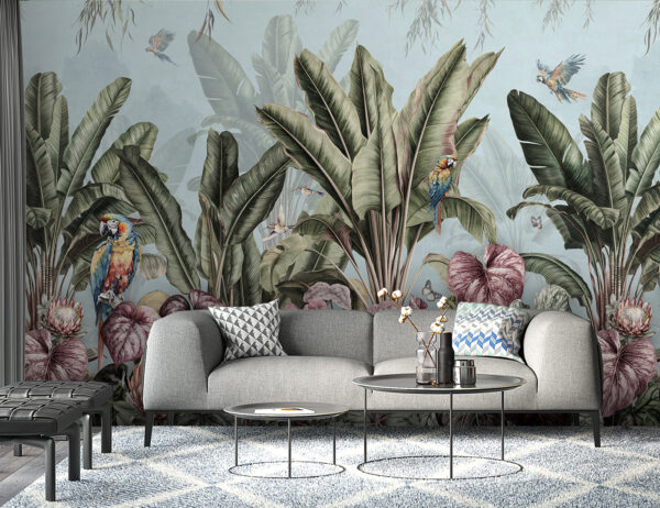 Wallpaper with tropical plants and birds Wallpaper with tropical plants and birds