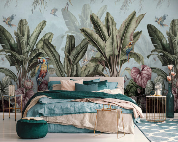 Wallpaper with tropical plants and birds Wallpaper with tropical plants and birds
