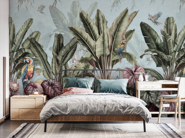 Wallpaper with tropical plants and birds Wallpaper with tropical plants and birds