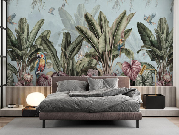 Wallpaper with tropical plants and birds Wallpaper with tropical plants and birds