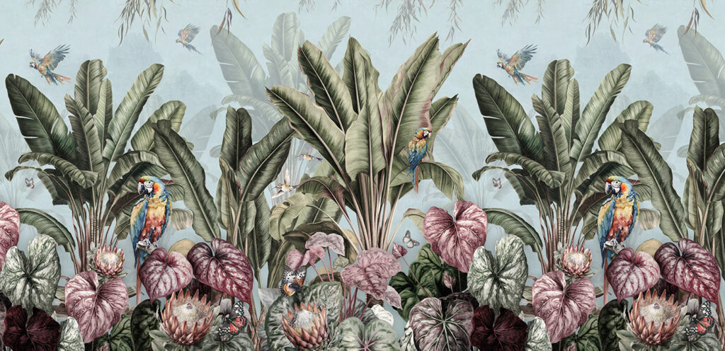 Wallpaper with tropical plants and birds Wallpaper with tropical plants and birds