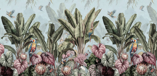 Wallpaper with tropical plants and birds Wallpaper with tropical plants and birds