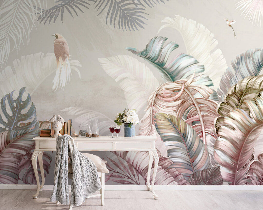 Tropical foliage with delicate birds