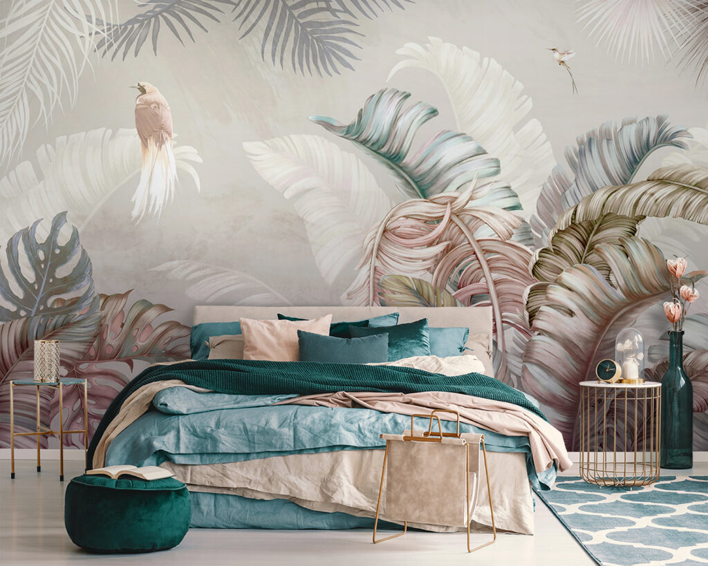 Tropical foliage with delicate birds