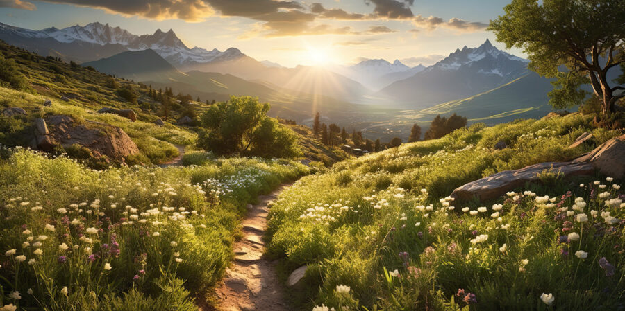 Path through a grassy field with mountains in the background