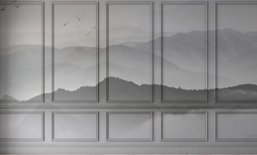 Wall with a picture of mountains and birds Wall with a picture of mountains and birds
