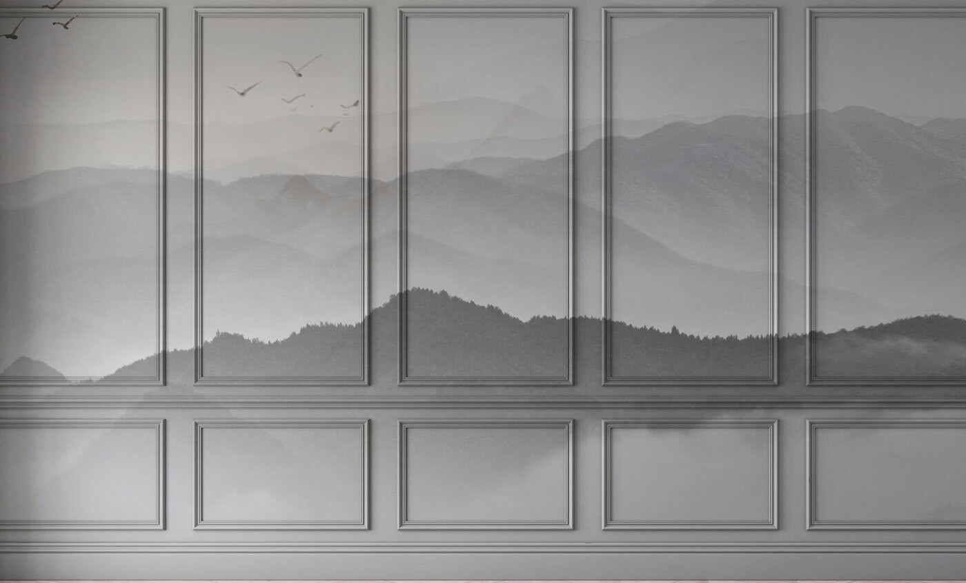 Wall with a picture of mountains and birds Wall with a picture of mountains and birds