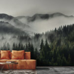 Wall murals Forest with fog and mountains