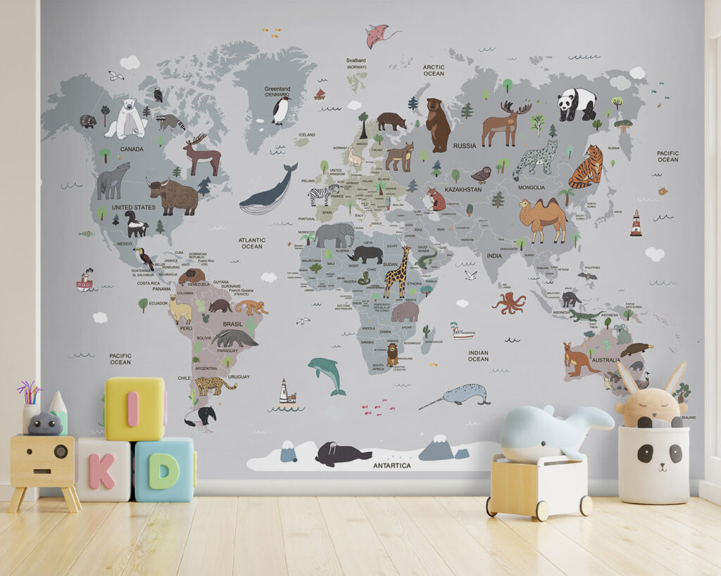 Map of the world with animals Map of the world with animals