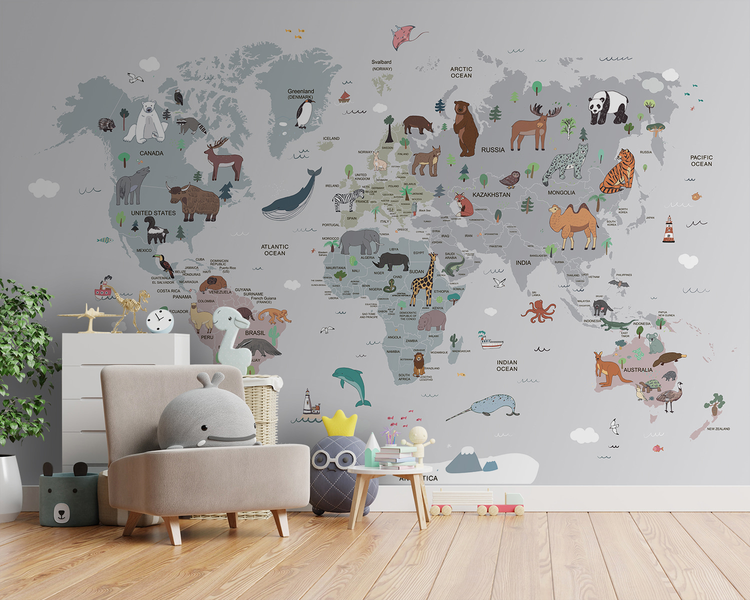 Map of the world with animals Map of the world with animals